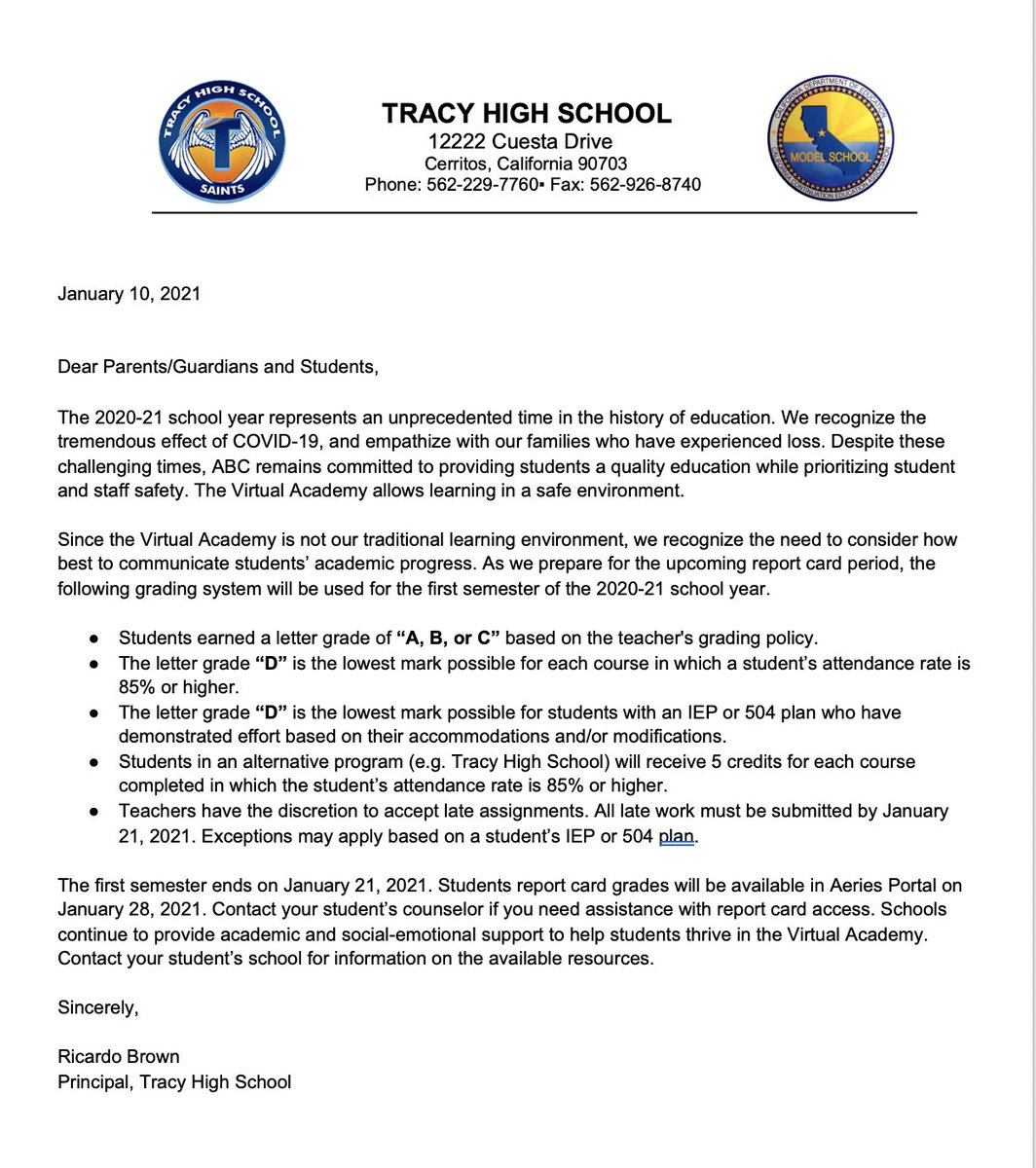 THSSaints's tweet photo. Letters to parents and students (English and Spanish versions) with detailed information about the grading policy for the semester/2nd quarter that ends on Thursday, January 21, 2021. https://t.co/OY1BWjW89Z