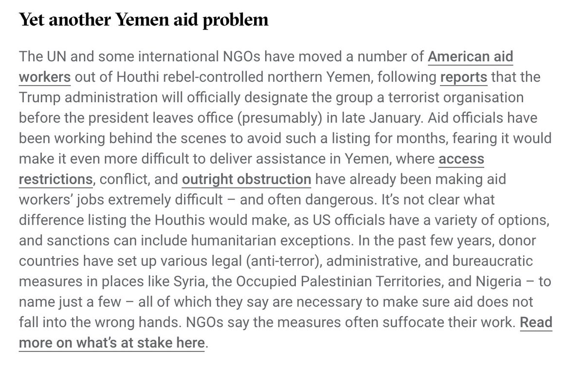 There was a false alarm in November: The  @UN sent a security message to its staff (obtained by  @newhumanitarian) saying it was "encouraging all US citizens to leave the North of Yemen." https://www.thenewhumanitarian.org/news/2020/11/20/Yemen-aid-Ethiopia-war-Congo-Ebola-cheat-sheet