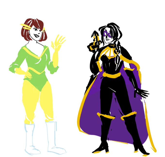 two more additions to the shine comics superhero universe! zephyr (speedster) and black claw (archer powerset but with a grappling hook). they're in the Main Big Superhero Team and have been around since the silver age. they've had Subtext for decades 