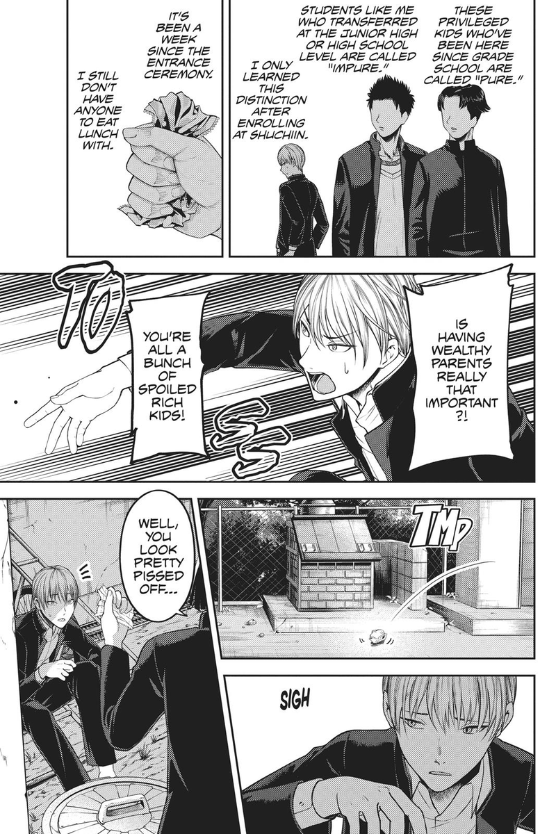 He was an excellent student and got accepted into Shuchiin Academy. Although he was against it, he realized that he had to enroll there as they had no money. Miyuki realized this was a mistake eventually. Shuchiin had major prejudice against commoners like him.