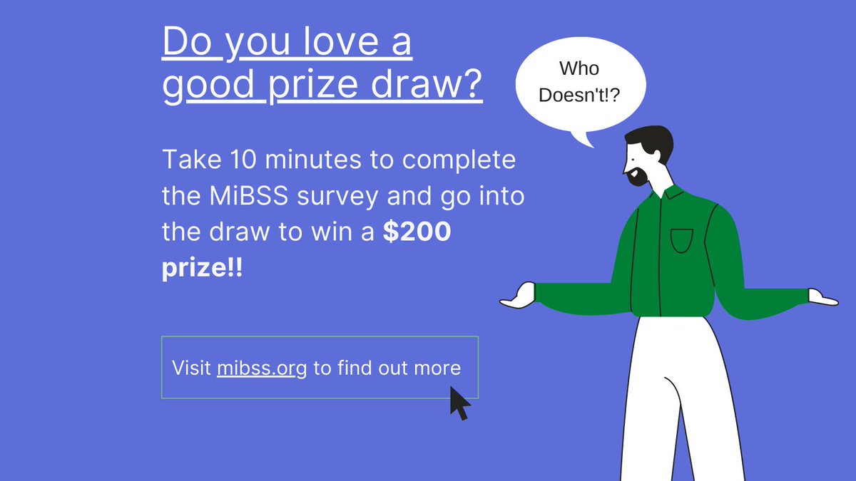 MiBSS (@mibssurvey) on Twitter photo Who doesnt love a good prize draw!?
Take 10 minutes to complete the MiBSS survey and go into the draw to win a $200 prize! bit.ly/2EGddwv
<a href="/CEH_Aus/">CEH Australia</a>
<a href="/eccwa/">ECCWA</a>
<a href="/ECCQ/">Ethnic Communities Q</a>
<a href="/relationshipsSA/">relationshipsS.A</a> Who doesnt love a good prize draw!?
Take 10 minutes to complete the MiBSS survey and go into the draw to win a $200 prize! bit.ly/2EGddwv
<a href="/CEH_Aus/">CEH Australia</a>
<a href="/eccwa/">ECCWA</a>
<a href="/ECCQ/">Ethnic Communities Q</a>
<a href="/relationshipsSA/">relationshipsS.A</a>