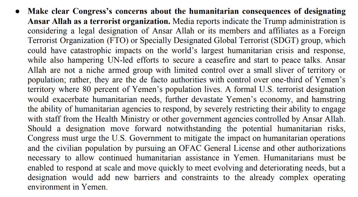 In December 2020, a group of NGOs warned Congress of the potentially "catastrophic" impact of sanctions against Ansar Allah (aka the Houthi group):  https://assets.oxfamamerica.org/media/documents/Civil_Society_Letter_to_Congress_on_Yemen_.pdf