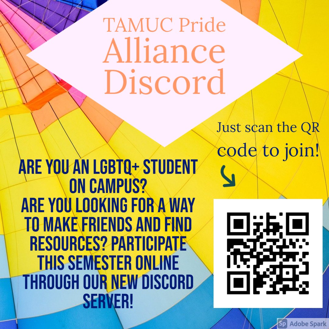 TAMUCPride's tweet photo. The TAMUC Pride Alliance has a discord now! This will be a fun place for LGBTQ+ students to interact safely. Hope to see you all there! https://t.co/J5VrkvkFkq