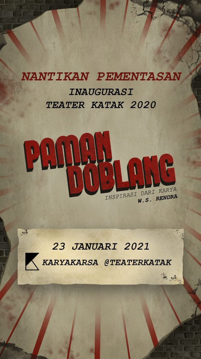 Radio_UMB's tweet photo. Di tengah masa yang dipenuhi siksaan &amp; ketakutan, Paman Doblang, dialah kuncinya. Apakah Ia dapat membebaskan warga dari kesengsaraan?
.
Saksikan pementasan Inaugurasi Teater KataK 2020 "𝗣𝗮𝗺𝗮𝗻 𝗗𝗼𝗯𝗹𝗮𝗻𝗴"
.
📅 23 Januari 2021
📍Karyakarsa Teater KataK https://t.co/h3gpzlZXv4