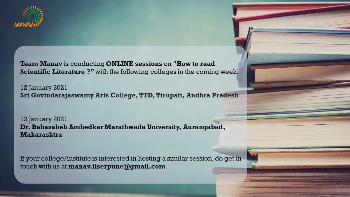 ManavAtlas's tweet photo. #Thisweek, @ManavAtlas will be conducting #ONLINE #sessions on "How to read #Scientific_Literature?” with the following colleges.

If your college/ institute is interested in hosting a similar free #webinar, email us at manav.iiserpune@gmail.com

#ManavHumanAtlas #Students https://t.co/3FX1LET5UM