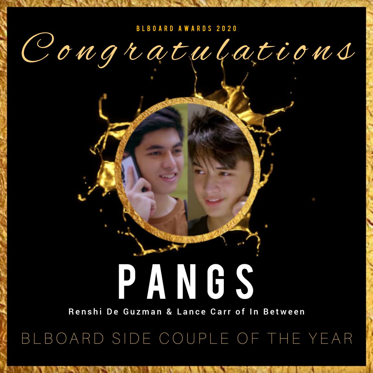 BLboardPH's tweet photo. The BLboard Best Side Couple of the Year is Pangs of @BLinbetween!

The BL tandem is composed of Renshi De Guzman and Lance Carr.

Congratulations, #TeamPangs!

#BLBAwards2020 #BLBABestSideCouple #TeamPangs https://t.co/D08jspniY8