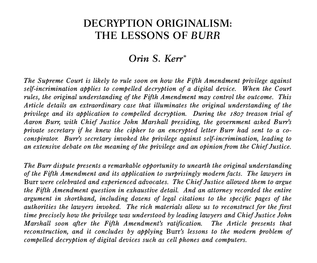 OrinKerr's tweet photo. The former Vice President is charged with treason, and the Chief Justice presides over the trial.  No, not Pence -- Aaron Burr! 

I'm delighted to say that my latest article, "Decryption Originalism: The Lessons of Burr," in the @HarvLRev, is now out. 

https://t.co/a3spLkquK9 https://t.co/7a0iuWh5gu