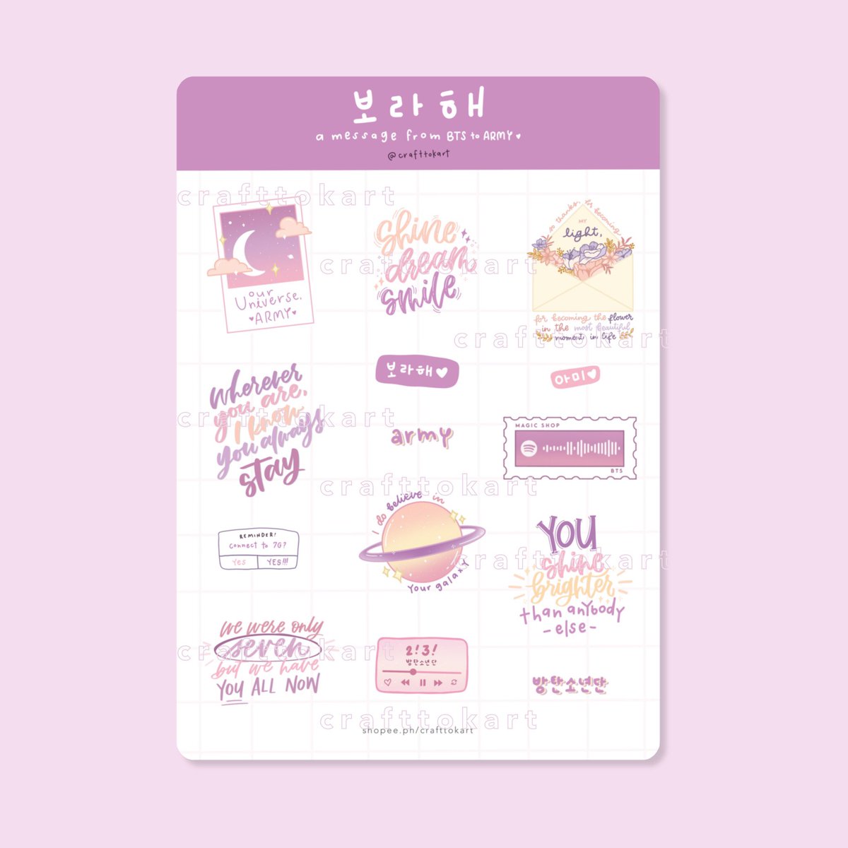 crafttokart's tweet photo. "Purple is the last colour of the rainbow so it means I will trust and love you for a long time."

보라해~ This sticker sheet is inspired by Taehyung's promise to BTS' universe and biggest voice—ARMY 💜 Available this January 12, 2021! ✨

#crafttokart #stickersph #kpopstickers https://t.co/ZXUiQ7fFL0