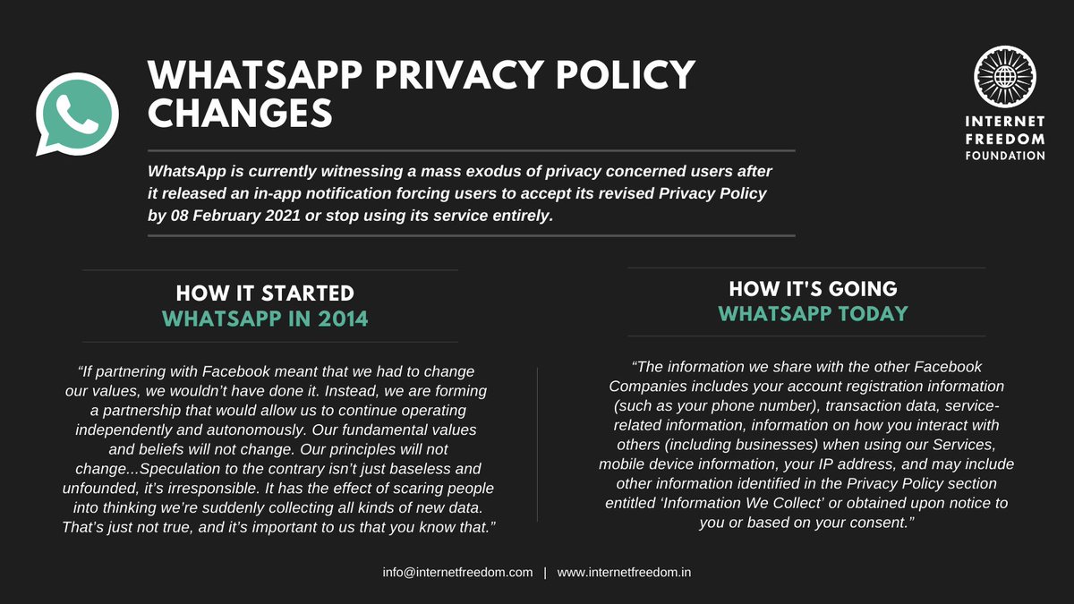 Thread Alarmed by the recent changes to WhatsApp's Privacy Policy but confused about what exactly is going on? Well, we have got you covered with this explainer! 1/n https://internetfreedom.in/explainer-whatsapp-privacy-policy-changes-2021/