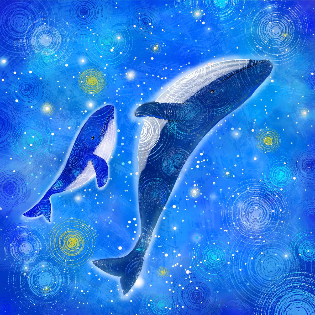 MaluNoco's tweet photo. ペンギン親子とクジラ親子の星空散歩

  #イラストレーションの日2021
#AdobeFresco https://t.co/e66iKtvjtH