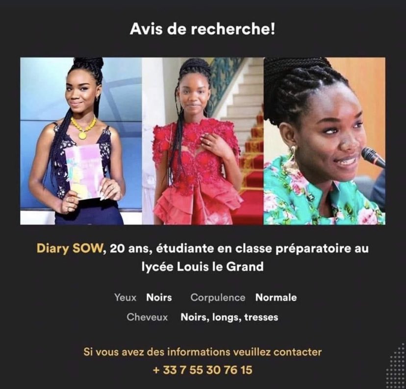 ynagueye's tweet photo. Aidez-nous à retrouver notre jeune sœur étudiante en 2éme année de Prépa au Lycée Louis Le Grand, disparu depuis le 4 janvier 2021. Les media’s français n’en parle pas. Faites passer l’affiche svp #marcblata #NabilElmoudni #jazztvshow #JLCfamily https://t.co/7BxCnFrg6F