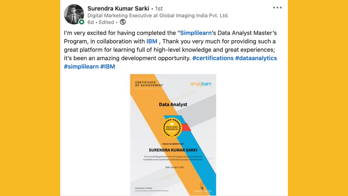 simplilearn's tweet photo. To a great start to this year and this week!
Congratulations, Surendra Kumar S, and wish you continued success with all your future endeavors!
#OnwardsAndUpwards #LetsMake2021Count #GetCertifiedGetAhead #MondayMotivation https://t.co/akT8sJi1EI