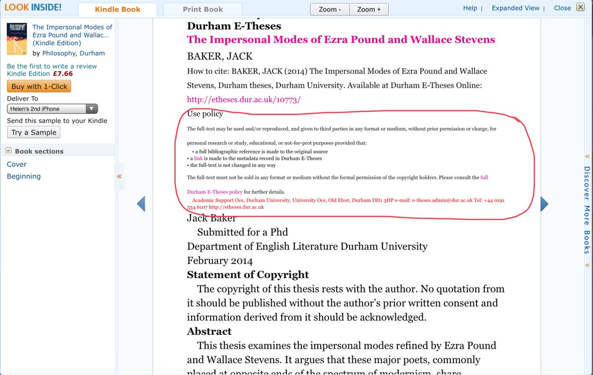 . @AmazonUK is selling a number of  @durham_uni PhD theses as kindle books, all under the name of “Durham Philosophy”, including uni branding & copyright statement that they are not to be sold. These are available FREE via  @DROdurham (often required by  @UKRI_News). PLEASE RT