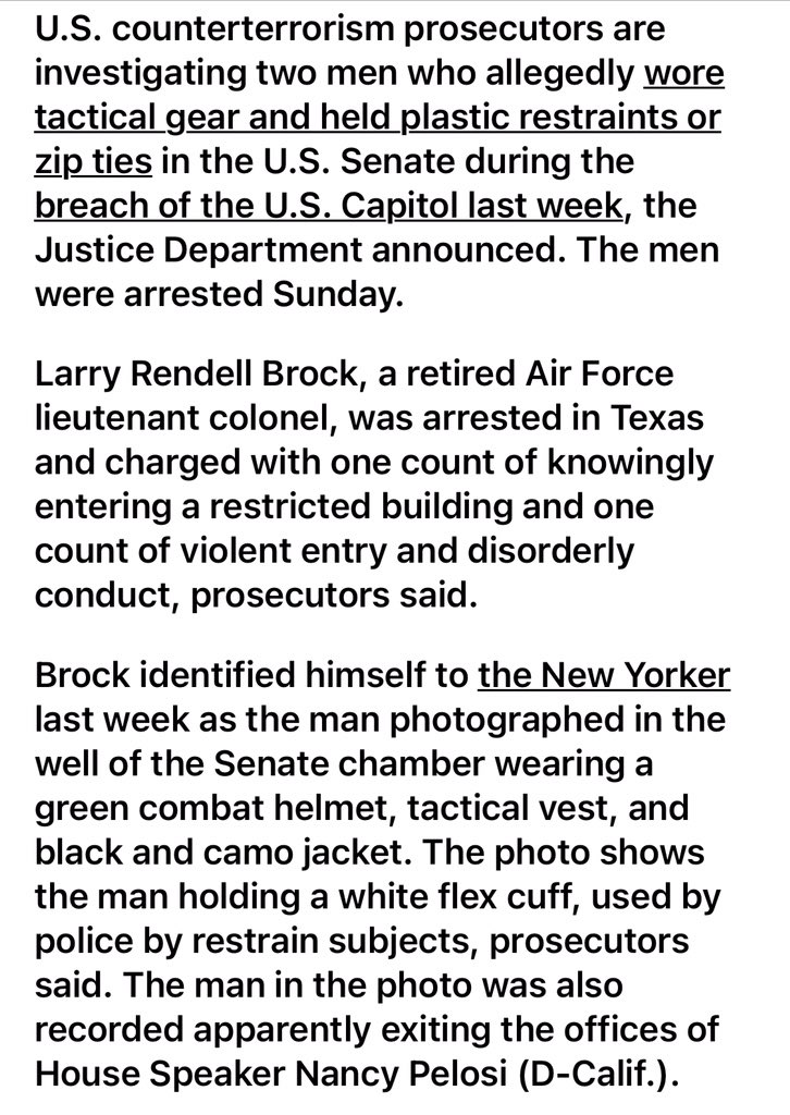 Our two zip tie guys - Munchel & Brock - are being investigated by the counter terrorism section of the DOJ.Good job Twitter!  https://www.washingtonpost.com/local/legal-issues/eric-munchel-larry-brock-arrested-capitol-zip-ties/2021/01/10/143b87cc-538f-11eb-a08b-f1381ef3d207_story.html