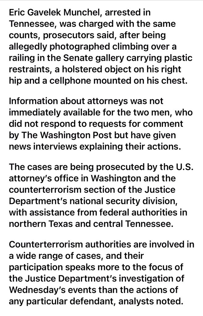 Our two zip tie guys - Munchel & Brock - are being investigated by the counter terrorism section of the DOJ.Good job Twitter!  https://www.washingtonpost.com/local/legal-issues/eric-munchel-larry-brock-arrested-capitol-zip-ties/2021/01/10/143b87cc-538f-11eb-a08b-f1381ef3d207_story.html