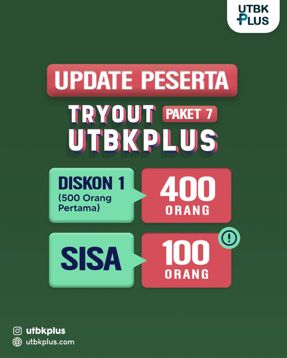 utbkplus's tweet photo. Wah!!! Sisa 100 orang lagi nih Diskon 1😫😱 Gak boleh ditunda tunda lagi nih, yuk ikutan dan nikmati seluruh fasilitas komplit dari @utbkplus 🚀✨
#tryout #tryoututbk #tryoutptn #tryoutsbmptn #tryoutonline #UTBK #UTBKSBMPTN #SBMPTN #SNMPTN https://t.co/jQPD7scjvV