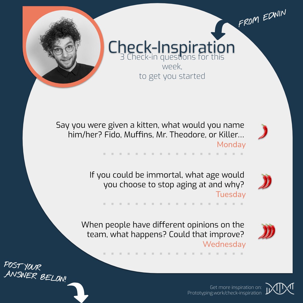 Prototypingwork's tweet image. In search of a great check-in question to start your standup or morning meeting?

The goal of a check-in question round is to get everyone present and get to know each other better. 

For more questions, go to buff.ly/2Xil0X3

#checkin #checkinspiration #futureofwork
