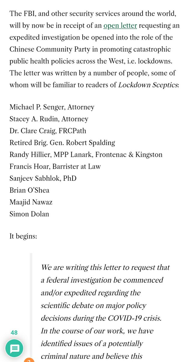 Lockdown Sceptics newsletter notes the FBI among others will now be in receipt of this letter!Toby Young finds its evidence "impressive", though he simply cuts and pastes chunks, with no attempt at analysis, beyond "if you are in the FBI, this is very much reading in full"