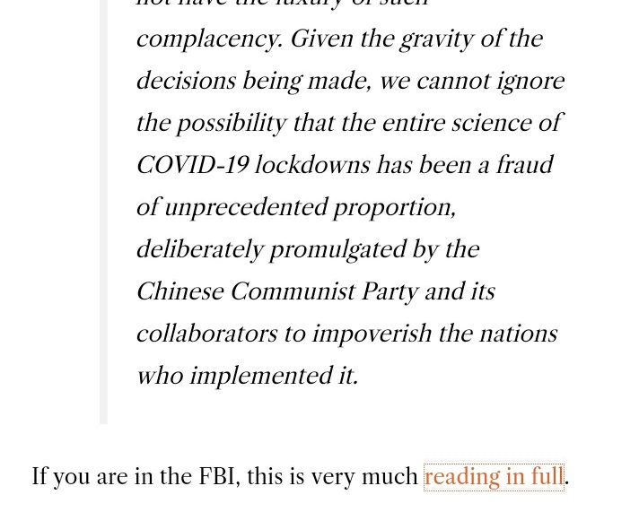 Lockdown Sceptics newsletter notes the FBI among others will now be in receipt of this letter!Toby Young finds its evidence "impressive", though he simply cuts and pastes chunks, with no attempt at analysis, beyond "if you are in the FBI, this is very much reading in full"