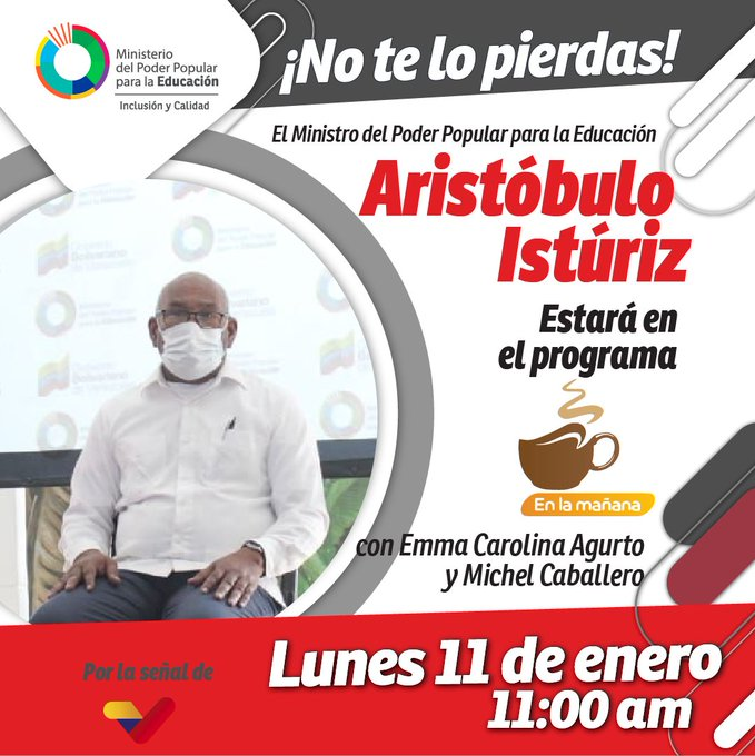 RonaldRTC_'s tweet photo. #HeyEsContigo || El Min. @psuvaristobulo, será el invitado del programa Café en la Mañana, conducido por @emmacaroagurto y @MichelCaballero por la señal de @VTVcanal8. ¡No te lo puedes perder! @NicolasMaduro #FlexibilizacionSegura https://t.co/ii7QBmWwat