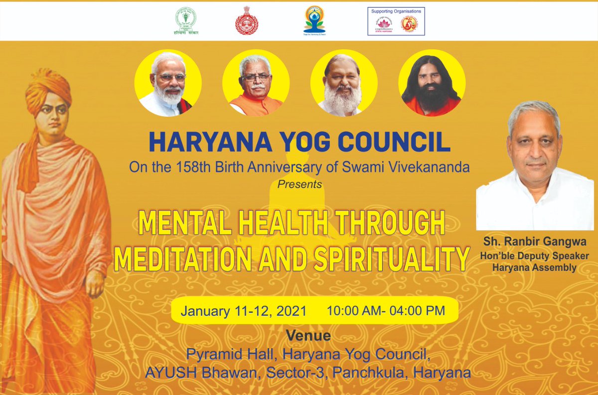 YogAayog_HRY's tweet photo. स्वामी विवेकानंद के जयंती दिवस के उपलक्ष्य में दो दिवसीय #National_level कांफ्रेंस के समापन समारोह में मुख्य अतिथि के रुप में श्री रणवीर गंगवा जी, उपाध्यक्ष, हरियाणा विधानसभा अपना उद्बोधन देंगे
आप सब लोग ऑनलाइन इस कार्यक्रम में भाग ले
@GianChandBjp
@anilvijminister
@cmohry https://t.co/yxhLskZysi