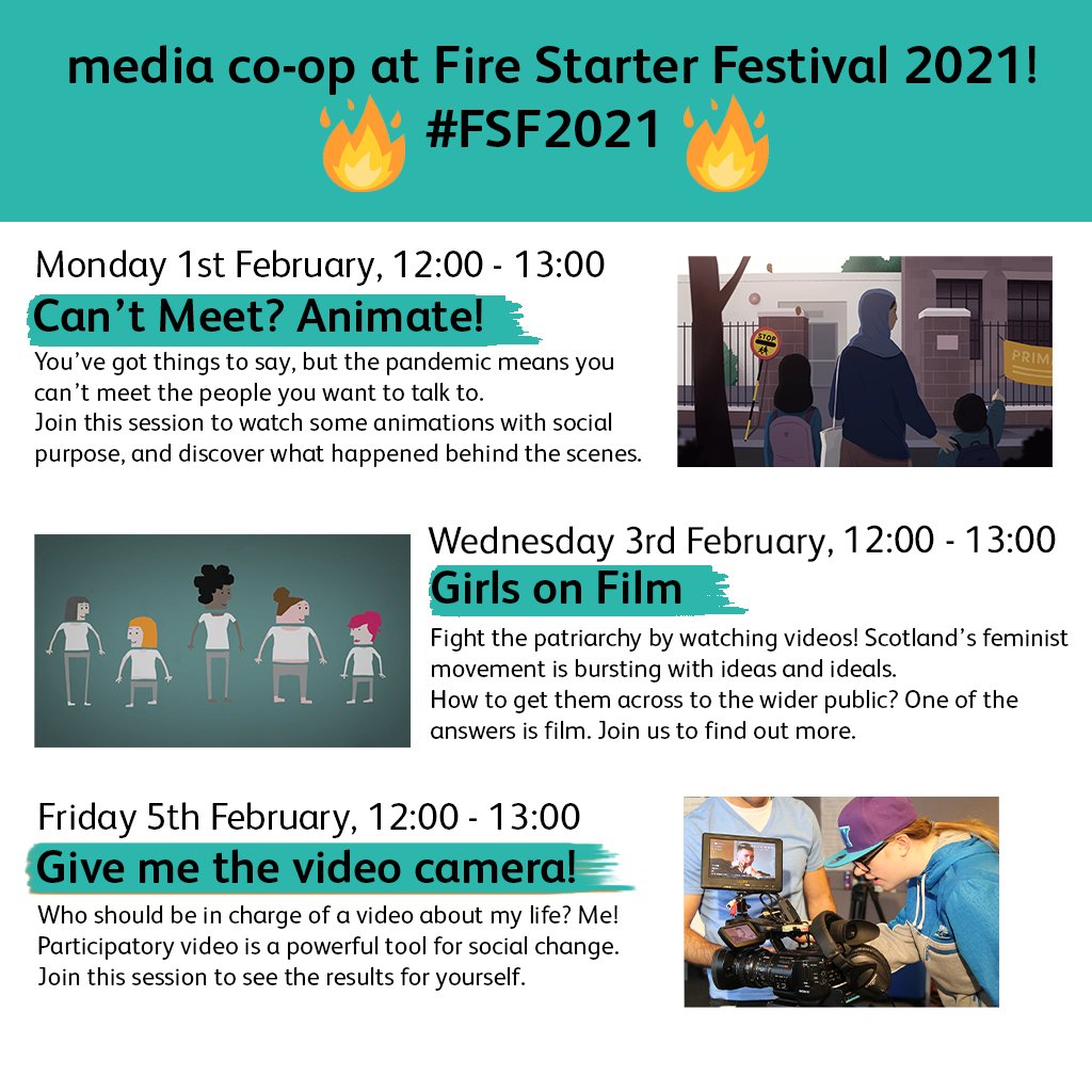 media co-op is going to <a href="/FireStarterFest/">Fire Starter Festival 🔥</a> 2021! 🔥We’re hosting three easy-going, entertaining screenings to get you thinking about video production with social purpose. Grab your lunch and join us on the 1st-5th Feb! Full details below. #FSF2021 
Tickets: bit.ly/39mU7qs