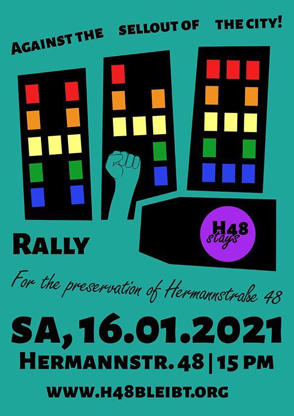 Kommenden Samstag, den 16.1. ab 15 Uhr wollen wir bei unserer #Kundgebung vor der #H48bleibt unseren Protest gegen den Verkauf unseres Hauses auf die Straße bringen. Kommt zahlreich und unterstützt unseren Kampf gegen #Verdrängung und den #AusverkaufDerStadt! #wirbleibenalle