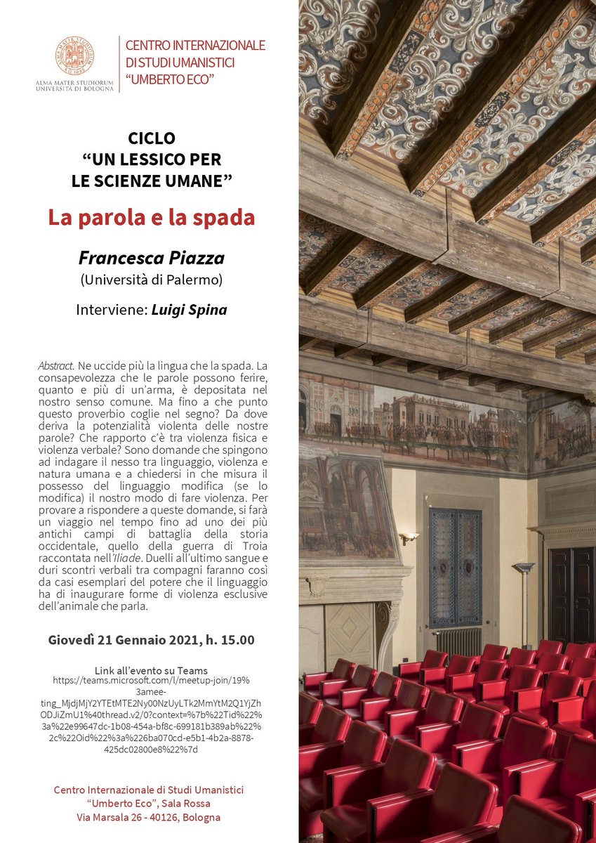 cue_unibo's tweet photo. Giovedì 21 gennaio la Prof.ssa Francesca Piazza dell'Università di Palermo terrà un seminario dal titolo "La parola e la spada". Il seminario fa parte del ciclo “Un lessico per le scienze umane”.

Info e link a Teams https://t.co/0EXvkmJ5c8 https://t.co/wTQ3bL2xiU