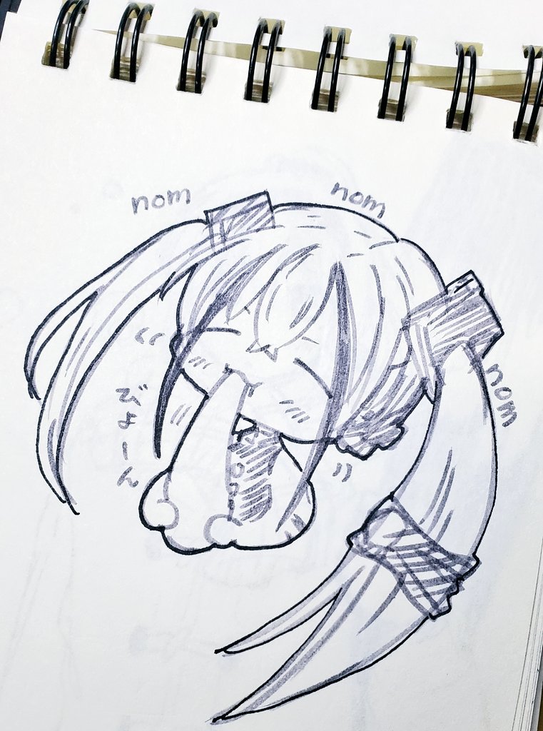 去年1冊のスケッチブックを落書きでも何でも良いから最後まで描ききる!っていう挑戦をしていたスケッチブックが出てきたので眺めてる。
お餅を食べる2人と酔っ払いさん。
 #ドルフロ 