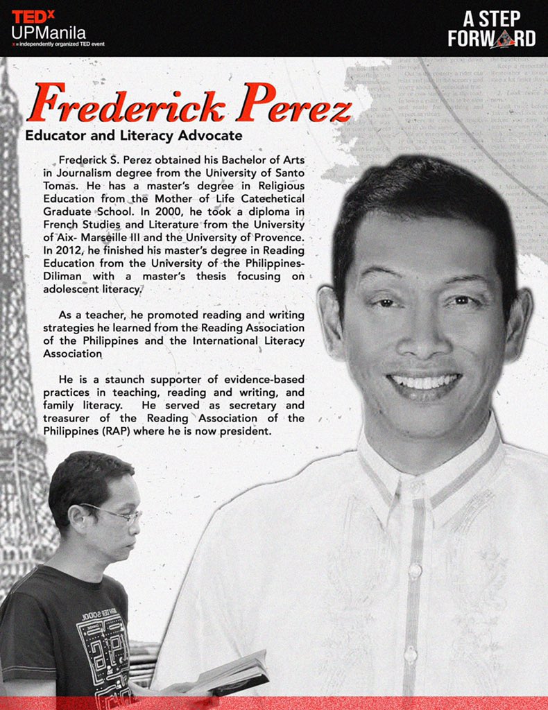TEDxUPManila's tweet photo. Allow Frederick Perez to reintroduce you to the joy of reading in TEDxUPManila 2021: A Step Forward.

It is not every day that we get the opportunity to hear from trailblazing individuals such as him. Don't miss out on his talk and register today at https://t.co/gJQxEOym6E. https://t.co/NdKzto92ai