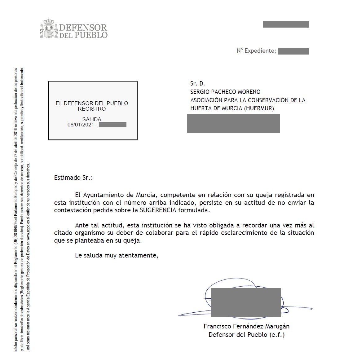 huermur's tweet photo. El @AytoMurcia persiste en su actitud de no responder al Defensor del Pueblo sobre la sugerencia realizada, donde se insta a que se respondan como manda la ley las solicitudes de Huermur de acceso a la información pública. Luego a @Ballesta_Murcia le gusta hablar de transparencia https://t.co/T81BDorobL