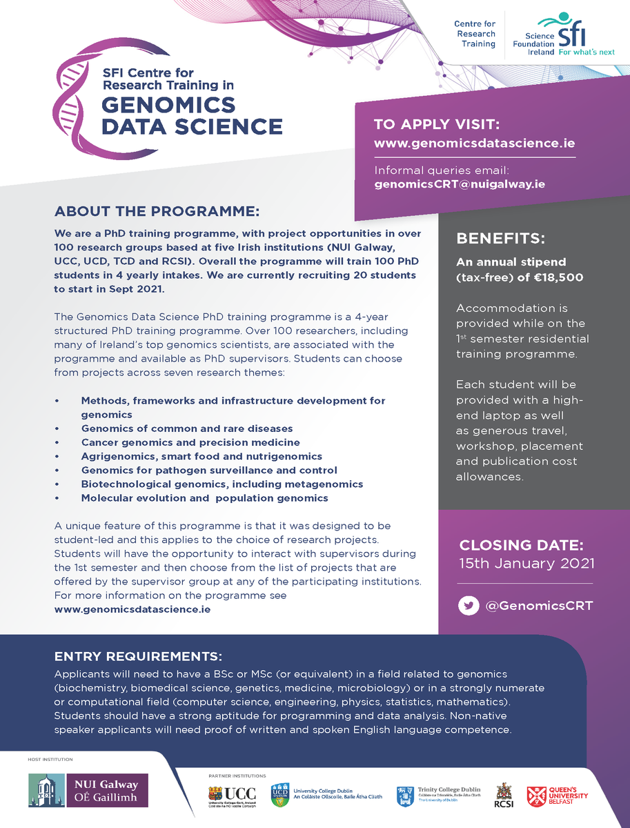 Genomics Data Science - SFI CRT (@genomicscrt) on Twitter photo REMINDER! Closing date to apply for a PhD position in our programme is 15th Jan. For more info & to apply see genomicsdatascience.ie Fantastic opportunity to do a PhD in #genomics #datascience @nuigalway <a href="/UCC/">UCC Ireland</a> <a href="/ucddublin/">University College Dublin</a> <a href="/RCSI_Irl/">RCSI</a> <a href="/tcddublin/">Trinity College Dublin</a> Please RT REMINDER! Closing date to apply for a PhD position in our programme is 15th Jan. For more info & to apply see genomicsdatascience.ie Fantastic opportunity to do a PhD in #genomics #datascience @nuigalway <a href="/UCC/">UCC Ireland</a> <a href="/ucddublin/">University College Dublin</a> <a href="/RCSI_Irl/">RCSI</a> <a href="/tcddublin/">Trinity College Dublin</a> Please RT
