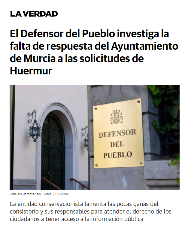 huermur's tweet photo. El @AytoMurcia persiste en su actitud de no responder al Defensor del Pueblo sobre la sugerencia realizada, donde se insta a que se respondan como manda la ley las solicitudes de Huermur de acceso a la información pública. Luego a @Ballesta_Murcia le gusta hablar de transparencia https://t.co/T81BDorobL