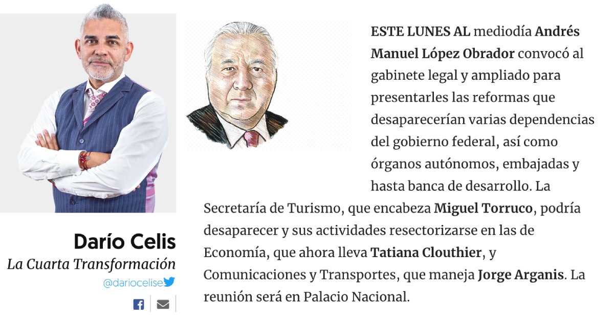 dariocelise's tweet photo. #LaCuartaTransformación
Este lunes al mediodía @LopezObrador_ convocó al gabinete legal y ampliado para presentar las reformas que desaparecerían varias dependencias del gobierno federal, así como órganos autónomos, embajadas y hasta banca de desarrollo.
https://t.co/FZEu9oQXbe https://t.co/evXPD4bHPd