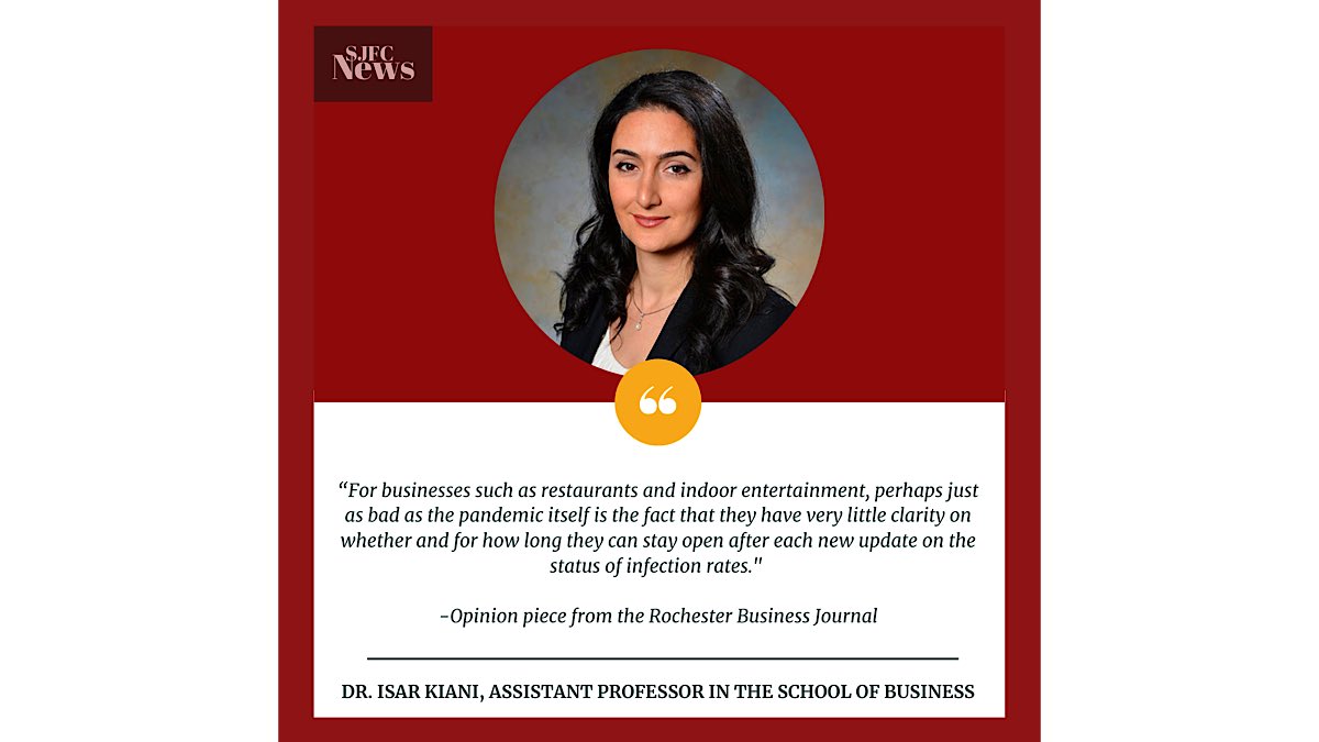 Dr. Isar Kiani, assistant professor of marketing, shares her insight on market planning when the world returns to normalcy. Dr. Kiani explores how businesses can plan to return and succeed while doing so with five crucial steps in her recent opinion piece in the <a href="/RBJdaily/">RBJ</a>.