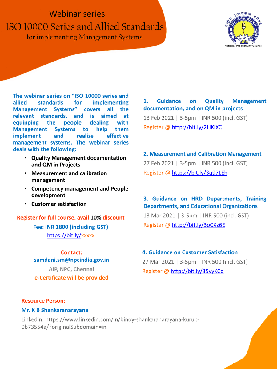 subhra310's tweet photo. #Webinar series on #ISO10000 series which provides guidelines for improving QMS. The series covers all the relevant standards, and is aimed at realizing effective Management Systems. Starts from 13 Feb 2021. @NPC_INDIA_GOV https://t.co/gix9XNcXa9 https://t.co/MVKpmDwsPJ