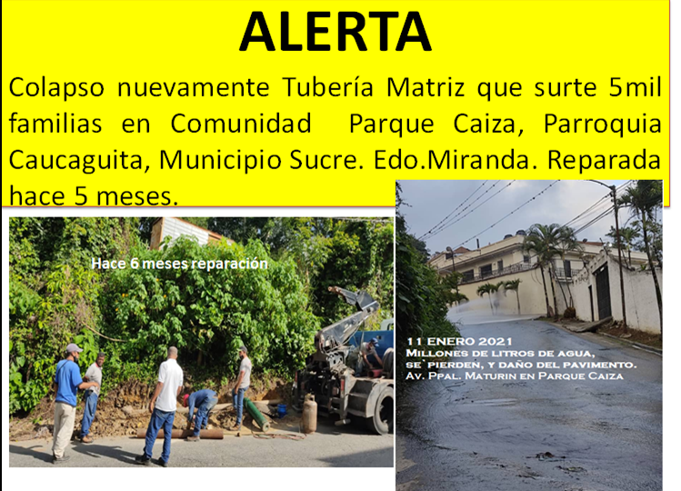 #11Ene 8am ALERTA a las autoridades <a href="/imasucre/">imasucre</a> <a href="/mppaaguas_/">MinAguas</a> @Mppee_vzla <a href="/MinEcoFinanzas/">MPPEFCE</a> <a href="/NicolasMaduro/">Nicolás Maduro</a> <a href="/VTVcanal8/">VTV CANAL 8</a> <a href="/ReporteYa/">Reporte Ya</a> hace 6 meses realizaron sustitución parte de la tubería. Pero otra vez ROTURA en el mismo lugar.  <a href="/PolisucreOficia/">Policía Municipal de Sucre / Miranda</a>