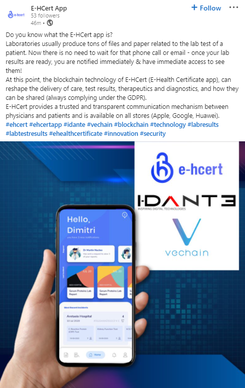 eisenreich's tweet photo. VeChain x E-HCert App
"E-HCert provides a trusted and transparent communication mechanism between physicians and patients and is now available on all stores (Apple, Google, Huawei)."
#VeChain $VET #VeFam #ehcert #ehcertapp #idante #blockchain #technology #innovation #security https://t.co/EuPnmoR7ZO
