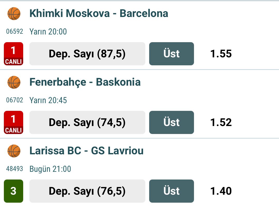 Herkese sağlıklı haftalar 🙋‍♂️

Bugün için bir tercihim var. O da Yunanistan’dan. Lavriou 76,5 üst 🔝 

Yarın için #Euroleague iki erken tercihim var. İkisi de yüksek güven 🔥
Herkese bol şans 🤞 

#taburespor #iddaa #tahmin #basketbol 🏀