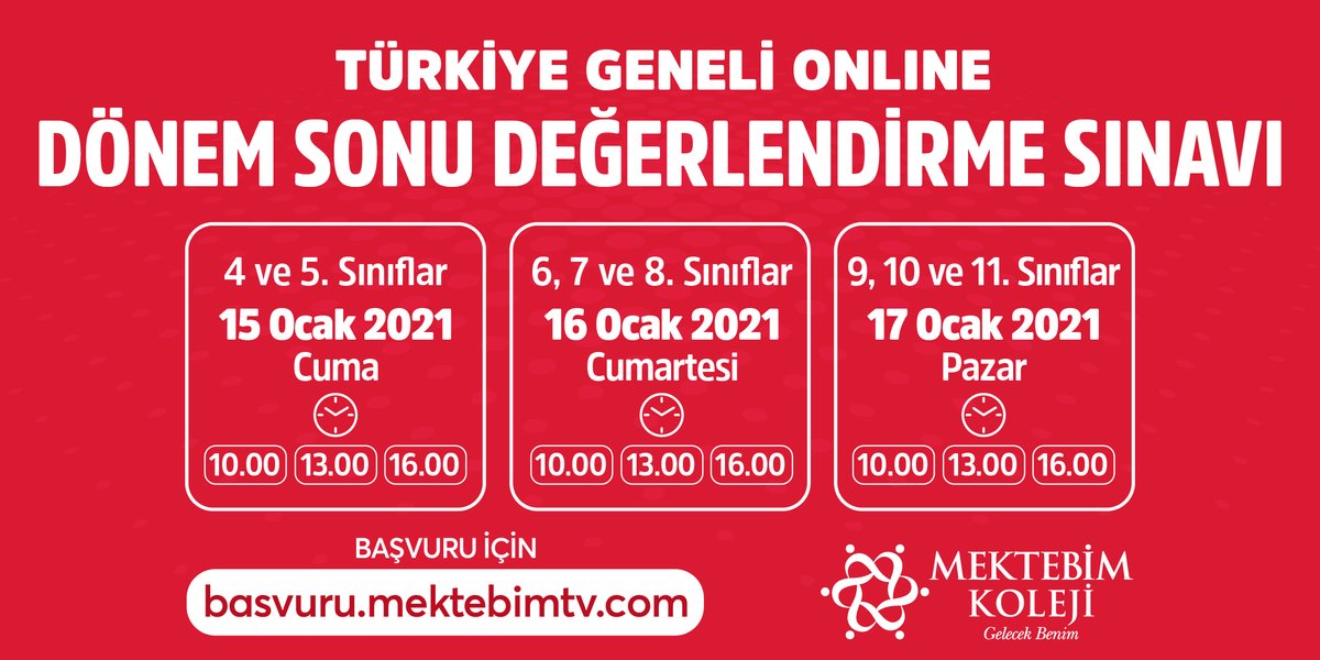 Türkiye Geneli Online Dönem Sonu Değerlendirme Sınavı'na girecek olan tüm öğrencilere başarılar dileriz. 
Başvuru için 📌 basvuru.mektebimtv.com

#Mektebim #GelecekBenim