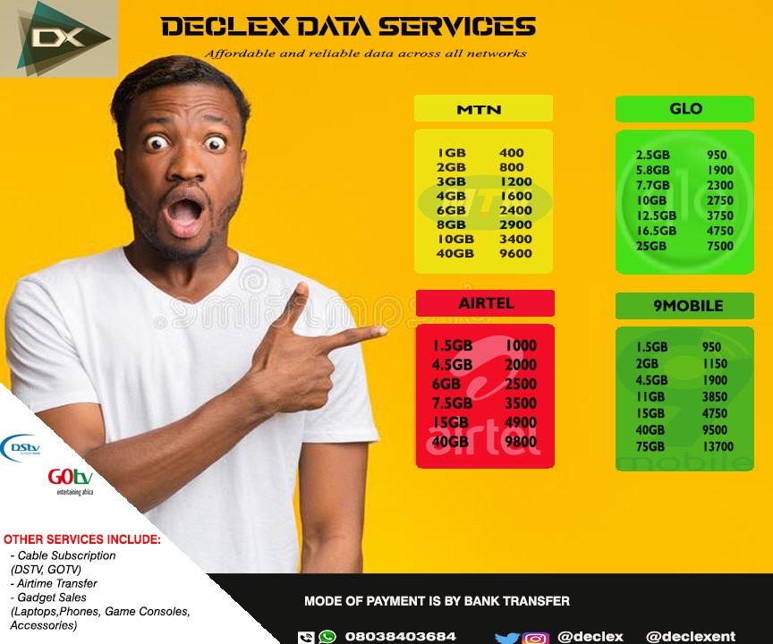 DECLEX's tweet image. Need DATA/Laptop/Phone/Game console/Accessories? Holla! 

Please DM or WhatsApp bit.ly/2uttM5T

Please RT