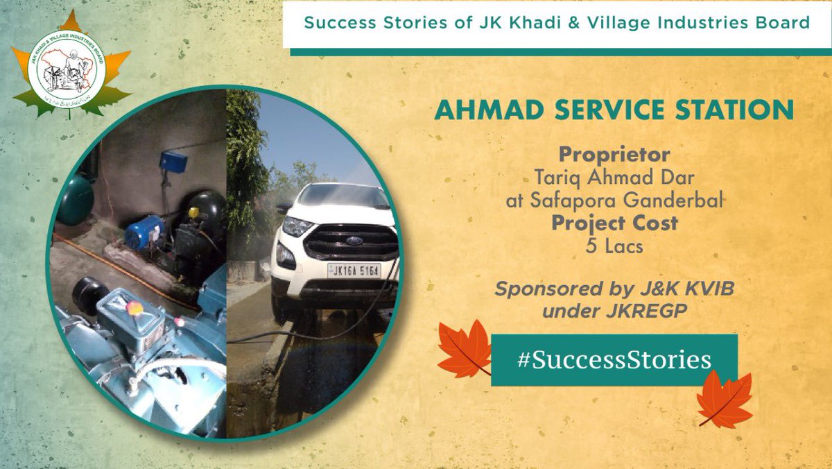 #SuccessStories of J&amp;K KVIB

Startup under JKREGP supported with a cost of Rs 5 lacs 

<a href="/narendramodi/">Narendra Modi</a> 
<a href="/PMOIndia/">PMO India</a> <a href="/HMOIndia/">गृहमंत्री कार्यालय, HMO India</a> <a href="/manojsinha_/">Manoj Sinha</a> <a href="/OfficeOfLGJandK/">Office of LG J&K</a> <a href="/nitishwarKumar/">Nitishwar Kumar IAS</a> <a href="/nsitharaman/">Nirmala Sitharaman</a> <a href="/ianuragthakur/">Anurag Thakur</a> <a href="/nitin_gadkari/">Nitin Gadkari</a> <a href="/dwivedimk_ias/">Manoj Dwivedi</a> <a href="/diprjk/">Information & PR, J&K</a> <a href="/kansalrohit69/">Rohit Kansal</a> <a href="/DrSyedSehrish/">Dr. Syed Sehrish Asgar</a>