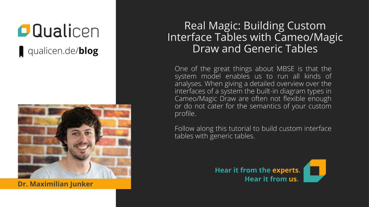 qualicen's tweet photo. New blogpost: Are you ready for some magic? Our co-founder Maximilian (@maximilianjun) shows you how to build custom interface tables with Cameo/Magic Draw. Read along and become a magician too!
#MBSE #SystemsEngineering #MagicDraw
https://t.co/Hz5IAeFzOc https://t.co/WfIJ2eZNAL