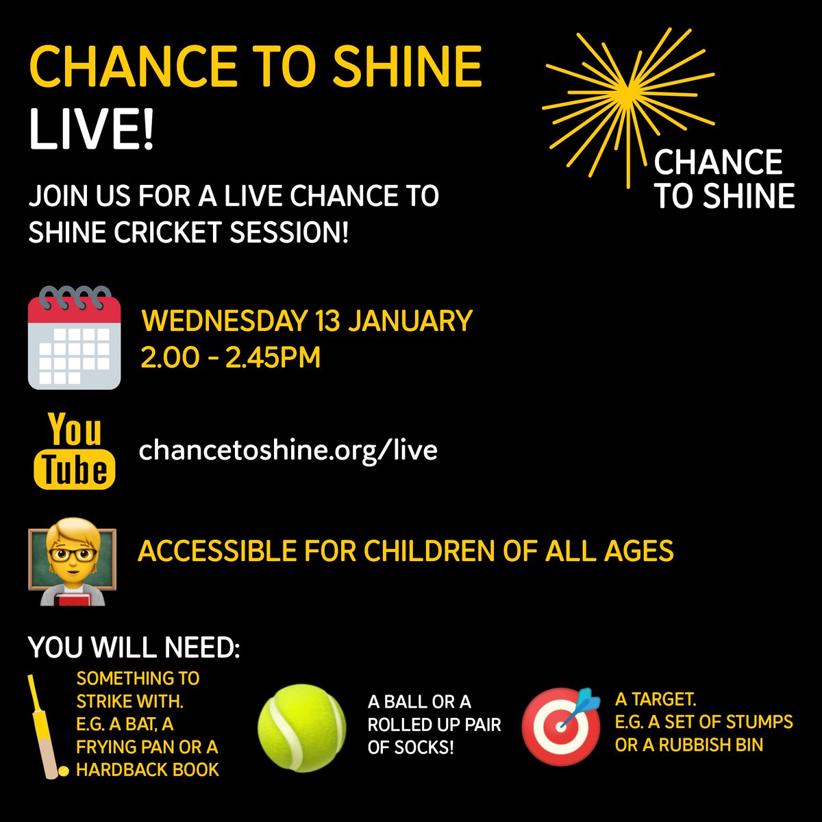Calling all teachers and children learning from home🔊. Get involved with <a href="/Chance2Shine/">Chance to Shine</a> live lesson this week!🏏📺

🔗chancetoshine.org/live