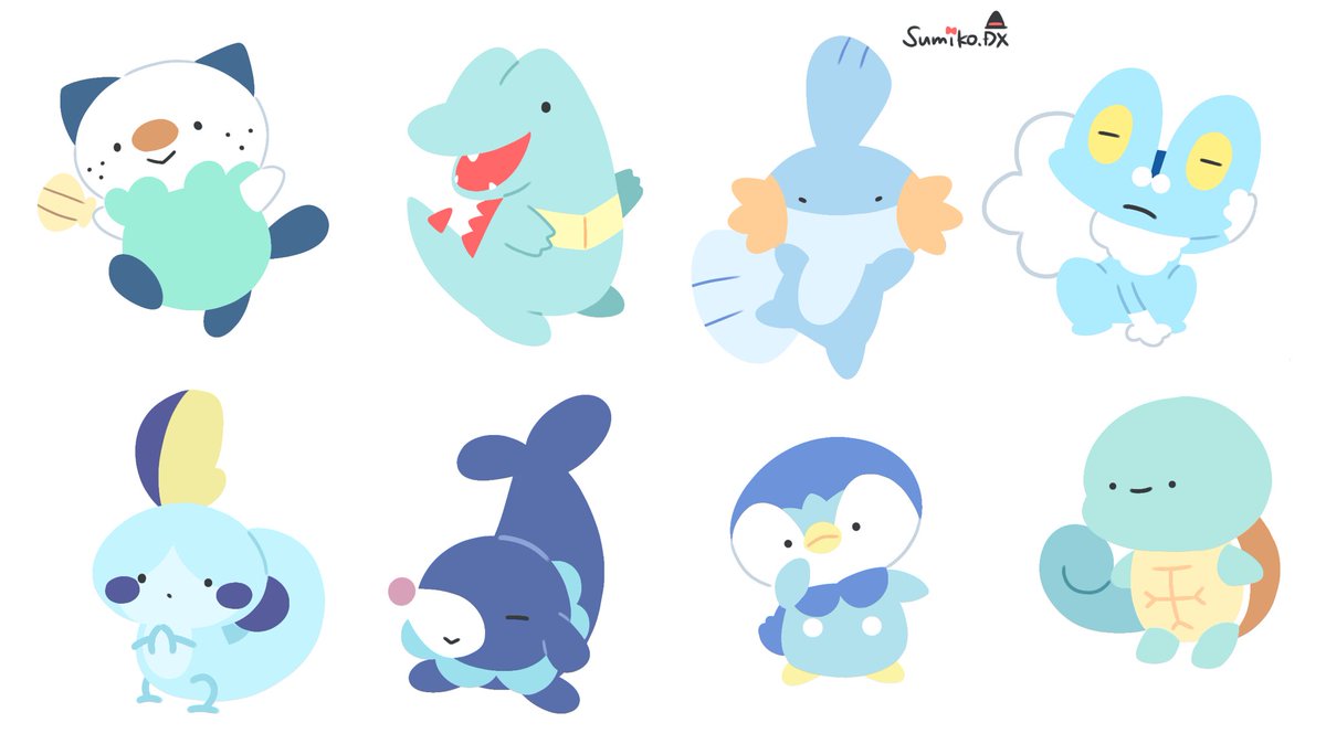 mudkip ,oshawott ,piplup ,popplio pokemon (creature) no humans white background closed eyes starter pokemon trio closed mouth simple background  illustration images