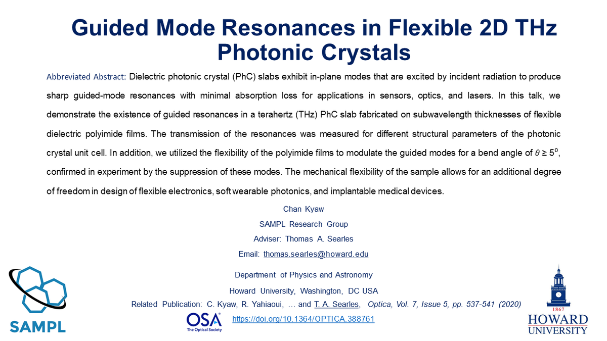 SamplHu's tweet photo. A new flexible dielectric medium for guided mode resonances from photonic crystal slabs is experimentally demonstrated. Curvature dependent measurements show a modulation of the amplitude and Q factor of the guided modes.  @PhotonicsMeetup #POM21Ja #POM21meta @OpticalSociety https://t.co/w2ZC1bKho3
