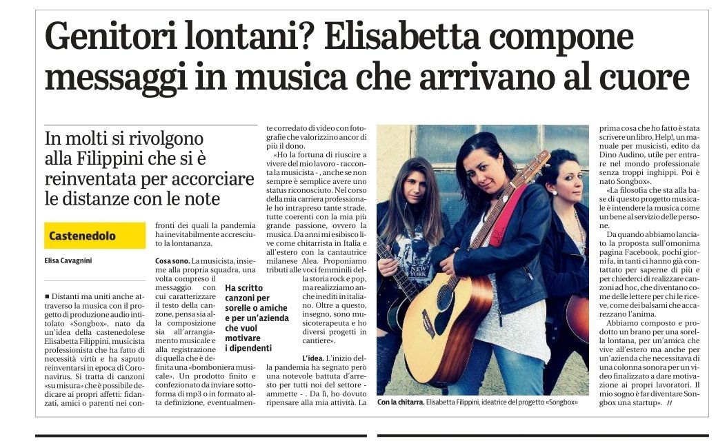 ElisFilippini's tweet photo. Sul Giornale di Brescia di oggi un articolo sul nostro modo di reinventarci la musica in tempi di covid.
#music #songbox #audio #canzonesumisura #help #hippoApp #fiducia #performanceMind
#GdB #giornaledibrescia #coronavirus #covid https://t.co/jqN8wl3sou