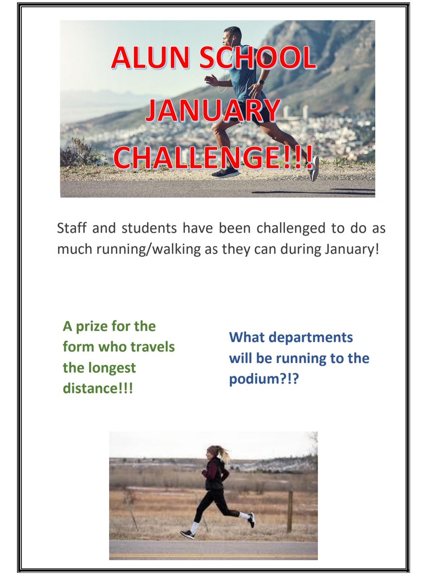 Alun SchoolPE (@alunpe) on Twitter photo Welcome to the <a href="/alunschool/">Alun School</a> January challenge. We are encouraging all students, staff and parents to run or walk as many kilometers as they can in January. Students are competing in form groups against one another.
Enjoy the challenge! Welcome to the <a href="/alunschool/">Alun School</a> January challenge. We are encouraging all students, staff and parents to run or walk as many kilometers as they can in January. Students are competing in form groups against one another.
Enjoy the challenge!