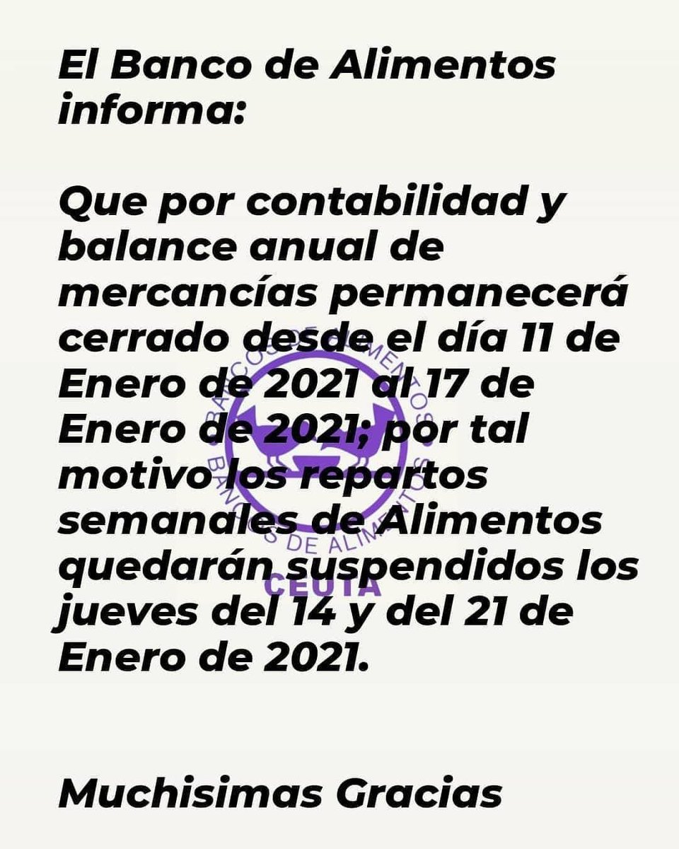 ondaceroceuta's tweet photo. 🔴 El @B_AlimentoCeuta estará cerrado esta semana https://t.co/WMgCrH8hul
