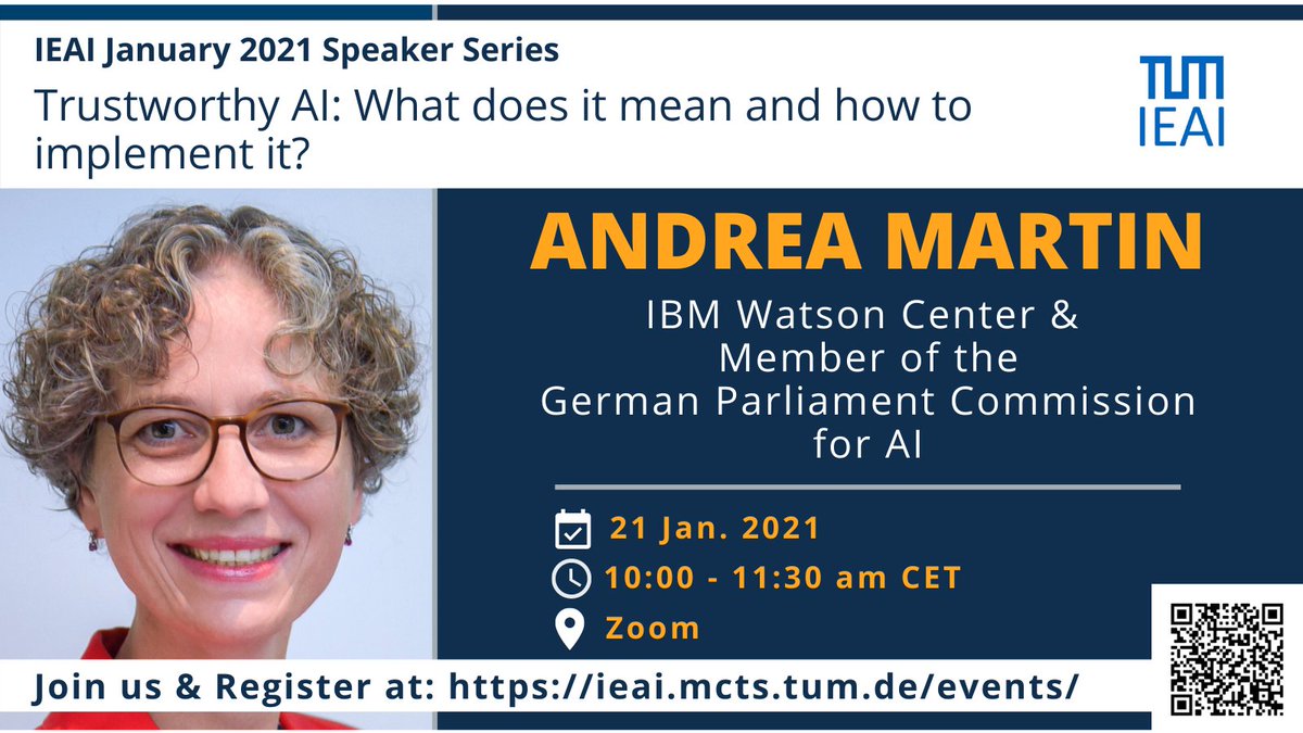 IEAITUM's tweet photo. Looking forward to welcoming our next speaker @amartin171 

Register here &amp; join the #IEAI January Speaker Series https://t.co/JgCW3JtWy9

#AI #ArtificialIntelligence #AIEthics #trustworthyai #ibmwatson #IBM #MunichCenter https://t.co/rysvmunMjW